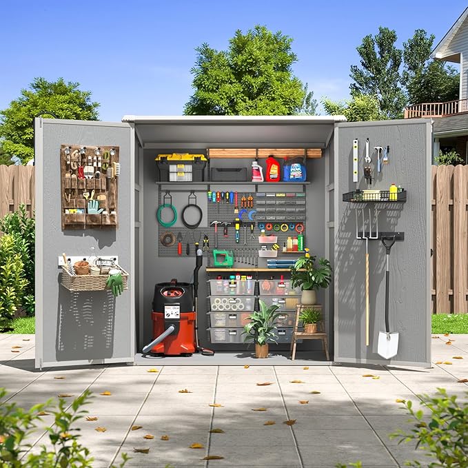 Aoxun 5x3 FT Outdoor Storage Shed, Plastic Garden Resin Shed with Floor for Patio, Lawn, Outdoor Storage Cabinet with Lockable Door for Bike, Garbage Can, Tools, Grey