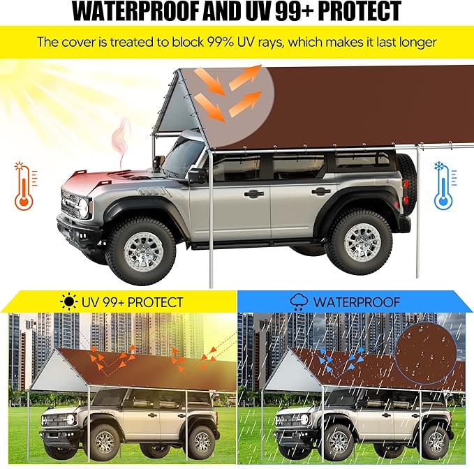 10 x 20 Ft Carport Replacement Canopy Cover Garage Top Tent Shelter Tarp with Free 48 Ball Bungee Cords,Brown (Only Cover, Frame Not Include)