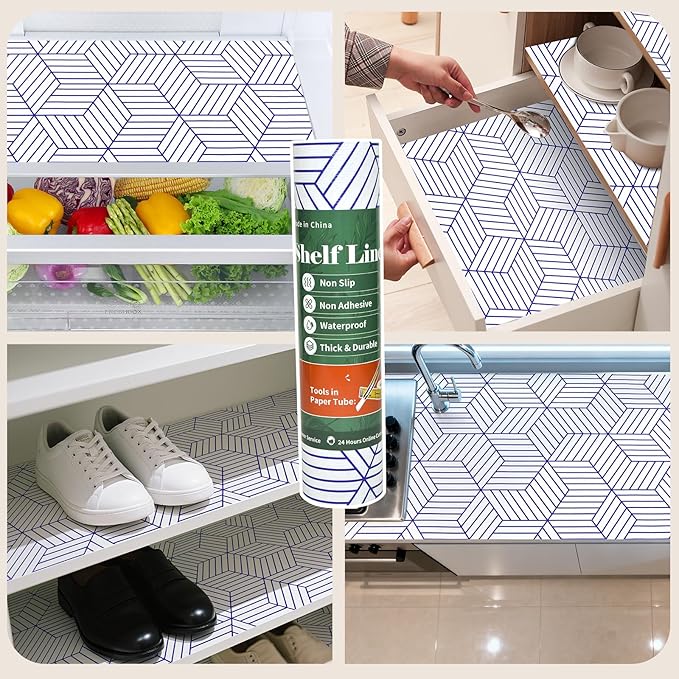 Shelf Liners for Kitchen Cabinets 17.3in x 20FT, Non Adhesive Cabinet Liner Strong Non-Slip White and Blue Geometric Drawer Liner, Easy to Clean for Shelf, Cabinet with Knife and Tape Measure