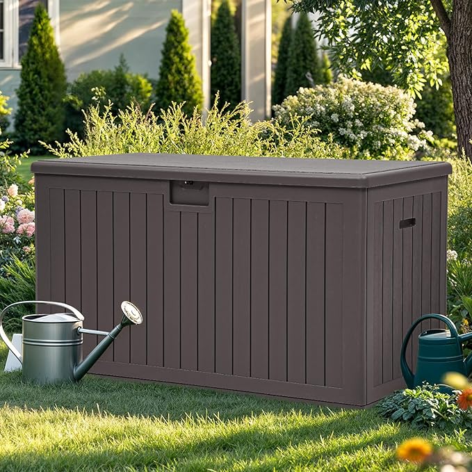 YITAHOME 220 Gallon Extra Large Deck Box, Double-Wall Resin Outdoor Storage Box with Flexible Divider for Patio Cushions Pool Supplies Garden Tools, 990 lbs Load Capacity, Lockable (Brown)
