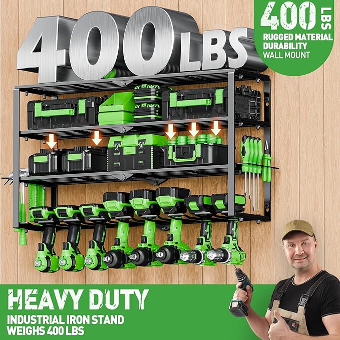 Power Tool Organizer Wall Mount, 4 Layers Tool Storage Rack with 8 Cordless Drill Holders, Power Tool Shelf Loads 400lbs for Garage, Warehouse, Workshop, Gifts for Men, Husband