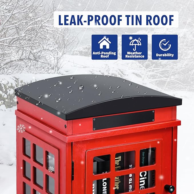 Outdoor Book Sharing Box, Waterproof Tin Roof Wooden Book Exchange Cabinet for Communities, Neighborhoods, and Schools, DIY Literature Storage for Books, Magazines, and Art (Red Tel. Booth)