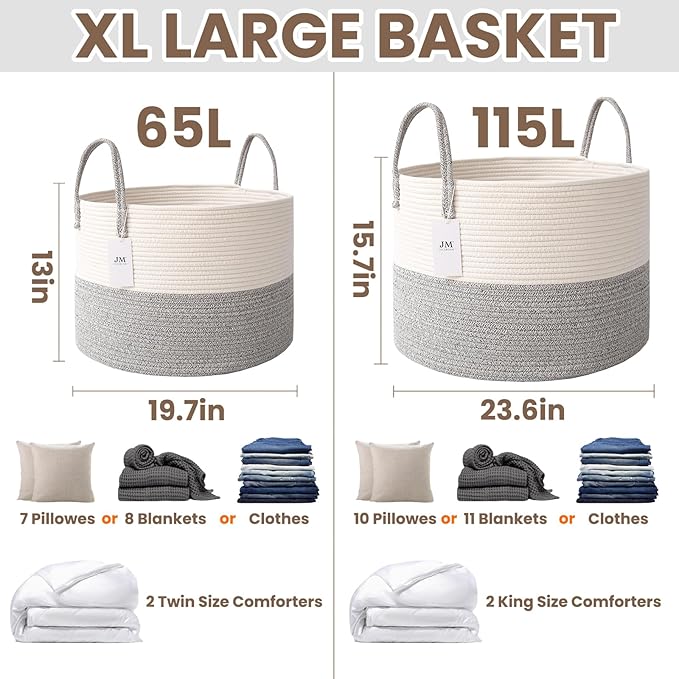 65L Extra Large Blanket Basket for Living Room - Woven Cotton Rope Laundry Hamper with Reinforced Handles - Storage Bin for Pillows, Comforters & Toys - Machine Washable,White&Grey