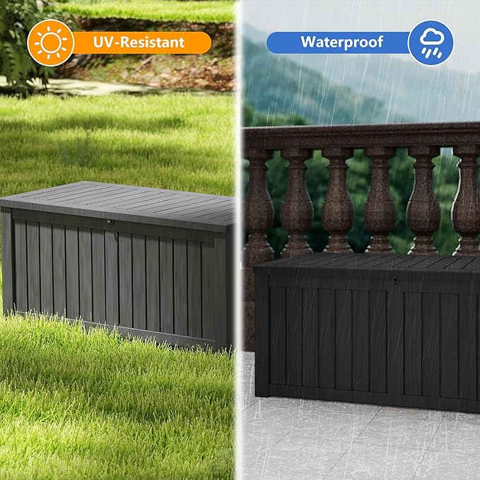 150 Gallon Resin Deck Box, Waterproof Outdoor Storage Box, Lockable for Patio Furniture, Garden Tools, Pool Accessories, UV-Resistant for All Weather Use, Black