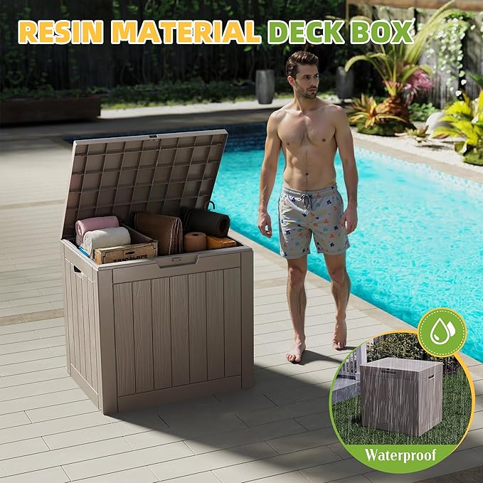 30 Gallon Waterproof Resin Deck Box, UV Resistant Outdoor Storage for Garden, Patio, Porch, Delivery（Grey，30 Gallon）