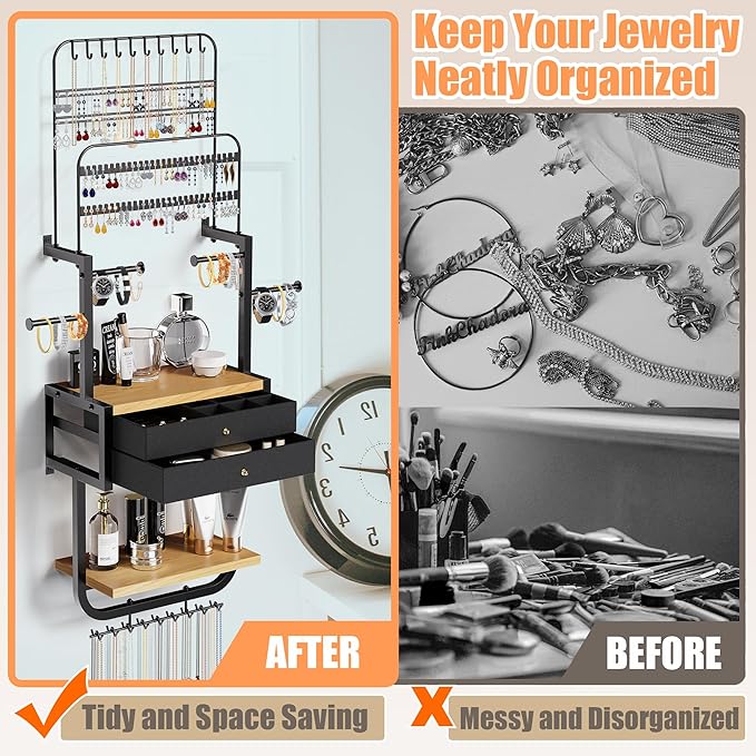 Wall Mounted Jewelry Organizer, Large Jewelry Organizer and Storage, Wall Hanging Jewelry Organizer for Earring, Necklace, Bracelet, Perfume (BLACK)