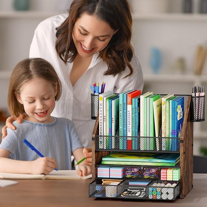 SWTYMIKI Desk Organizer with Drawers - Mesh and Wood Desk File Organizer with Pen Holders, 4-Tier Paper Organizer for Office Organizer and Accessorie, School and Home Storage, Espresso