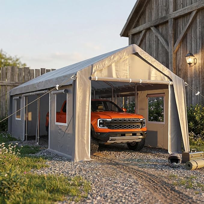 Carport, 20x10x11FT Mobile Garage with PE Tarp, Heavy-Duty Car Shelter Tent, Vehicle Canopy with Front & Rear Zippered Doors and 2 Roll-Up Side Openings, 160g, Gray