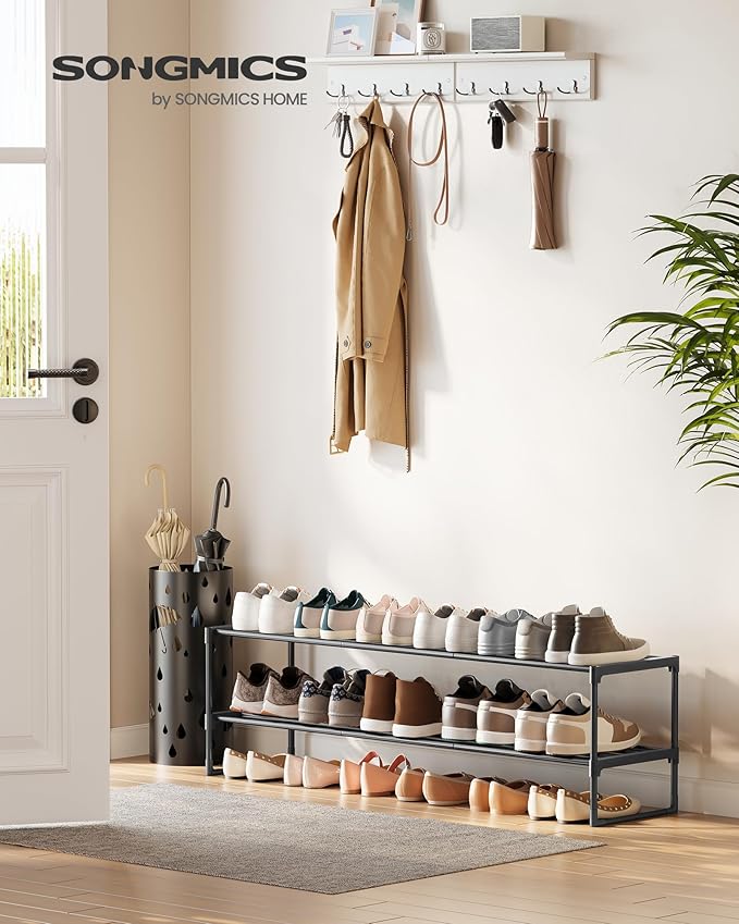 SONGMICS Shoe Rack, 2-Tier Shoe Organizer, Metal Storage Shelf, Upright or Upside Down, for 15-18 Pairs, Stackable, for Entryway, 11.8 x 46.1 x 13.4 Inches, Black ULSA032B01