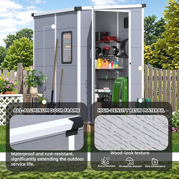 MELLCOM 5 x 4 FT Outdoor Storage Tool Shed with Windows and Lockable Door, Resin Outdoor Storage Shed with Floor, Resin Garden Shed for Garbage Can, Lawnmower, Bike