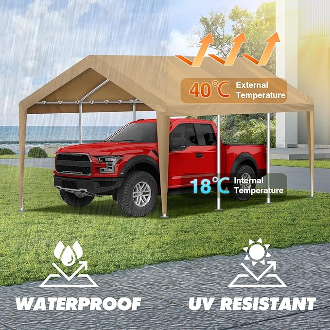 10x20FT Carport Canopy Replacement Cover Heavy Duty Waterproof & UV Protected, All Weather Car Shade Canopy with Ball Bungees (Beige, 10'x20', Frame is not Included)