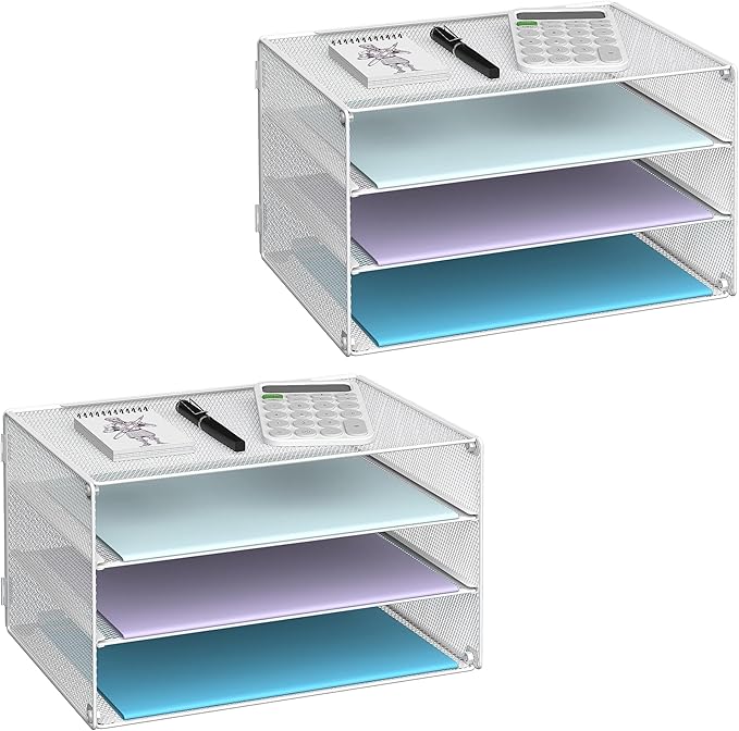 DALTACK 3 Tier Letter Tray Paper Organizer Mesh Metal Desk File Organizer for Home & Office, White 2 Pack