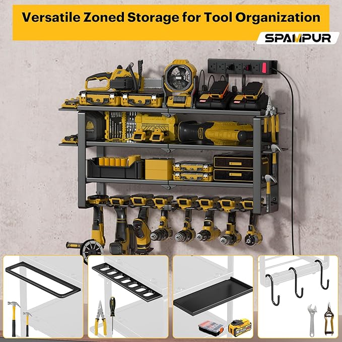 Large Power Tool Organizer Wall Mount, 4-Tier Rack with Charging Station & 8 Drill Holders, Garage Workshop Tool Storage, Gift for Husband/Dad