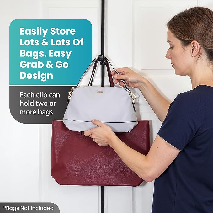 Perfect Curve Handbag and Purse Organizer | Hold up to 18 Bags | Over The Door Organizer for Purses and Handbags | Adjustable Clips | 2 Straps | Black