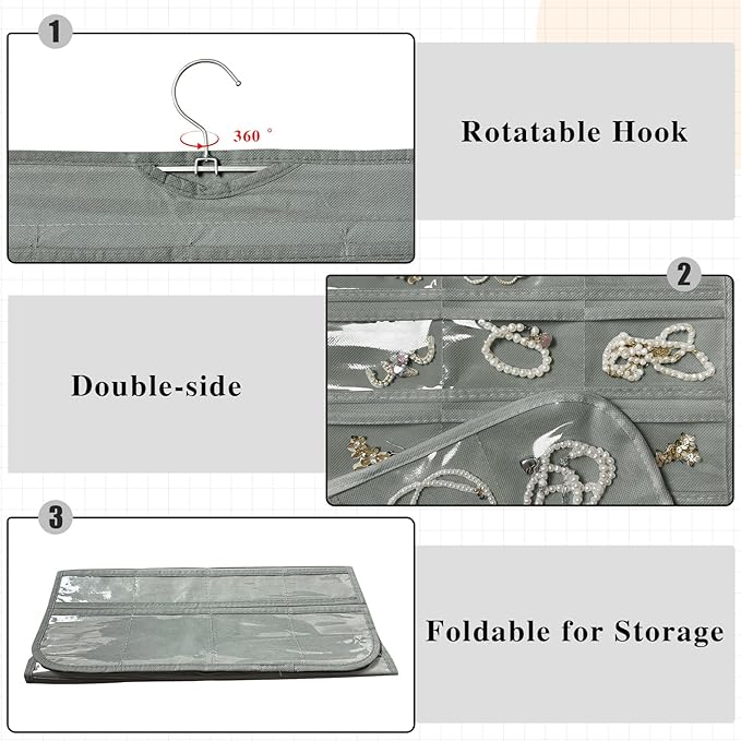 1 Pack Hanging Jewelry Organizer 80-Pocket Dual-sided Jewelry Storage for Earring Necklace Bracelet Ring Travel Holder, Gray