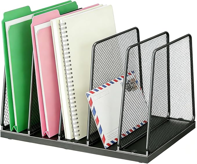 AUPSEN 5-Section Wooden Desktop File Organizer, File Sorter Storage Rack, Vertical File Holder for Office Supplies, Black