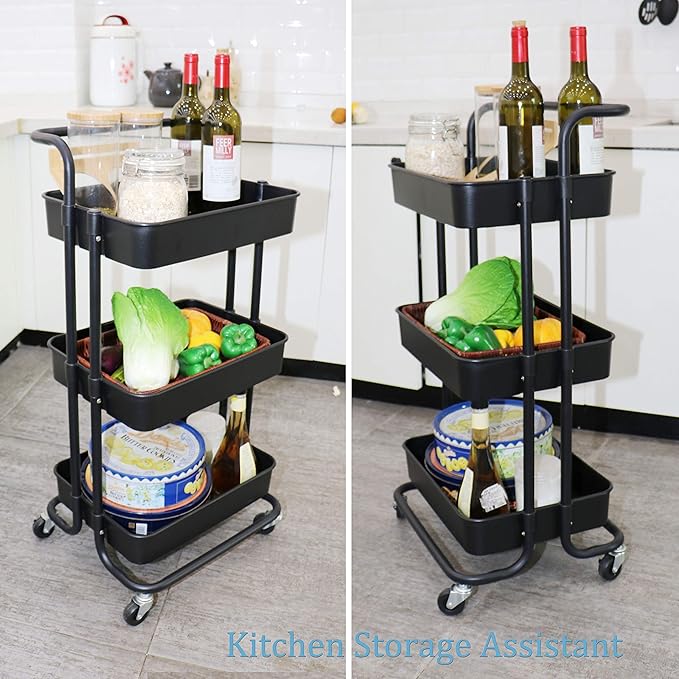 3 Tier Utility Rolling Cart Multifunction Organizer Shelf Storage Cart with Handle and Lockable Wheels for Home Kitchen Bathroom Laundry Room Office Store etc. (Black)