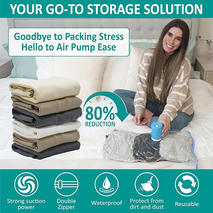 Cozy Essential 30 Pack Vacuum Storage Bags with Portable Rechargeable Wireless Electric Pump, Vacuum Seal Space Saver Bags for Clothing, Pillows, Blanket, Bedding, Comforter