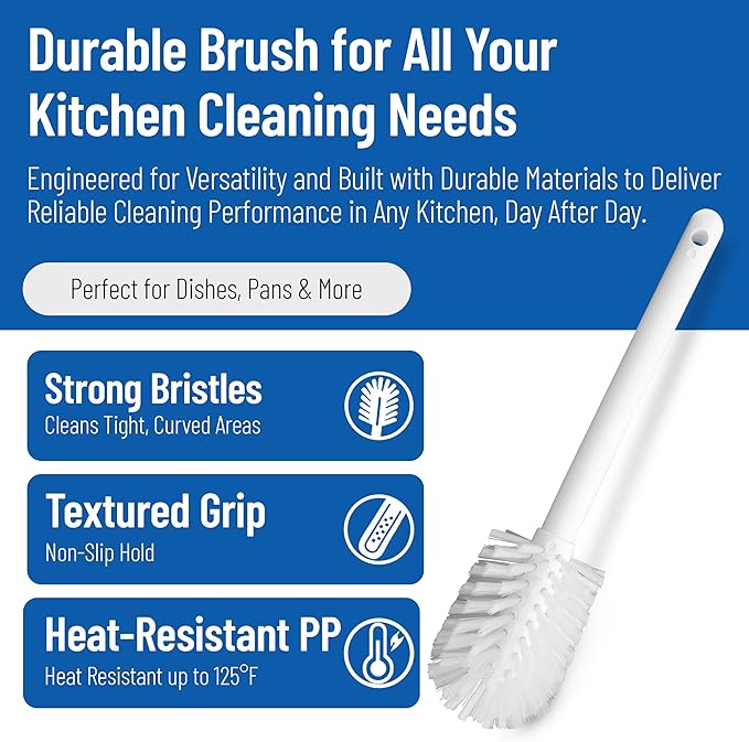 SPARTA Large Water Bottle Brush Ideal for Wide-Mouth Jars, Bottles and Tumblers, Dishwashing Tool with Handle for Home and Commercial Kitchens, Plastic, 12 Inches, White, (Pack of 6)