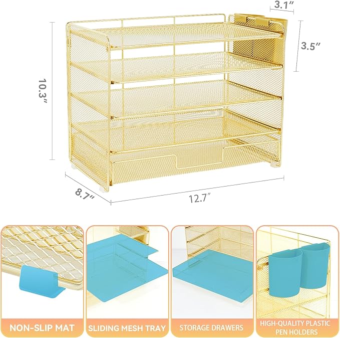 Desk Organizers and Accessories, 5-Tier Paper Letter Tray Organizer with Drawer & 2 Pen Holders, Desktop Organizer for Office Supplies (Gold)