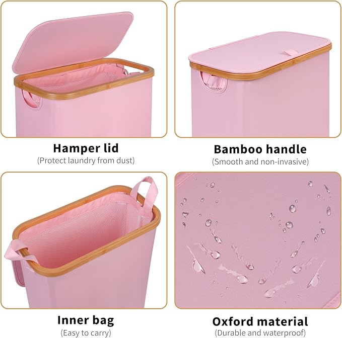65L Slim Laundry Hamper, Narrow Laundry Basket with Lid,Foldable Clothes Hamper with Bamboo Handles,Hamper Basket with Removable Inner Bag for Laundry Room Bedroom College Dorm,17.17 Gals Pink