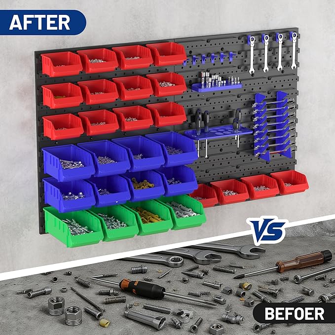 WORKPRO Pegboard Organizer Wall Mounted, 44PC Tool Storage Rack with Bins and Hooks, Peg Board Wall Organizer for Garage Organization, Workshop, Craft Room, Tool Wall Storage System