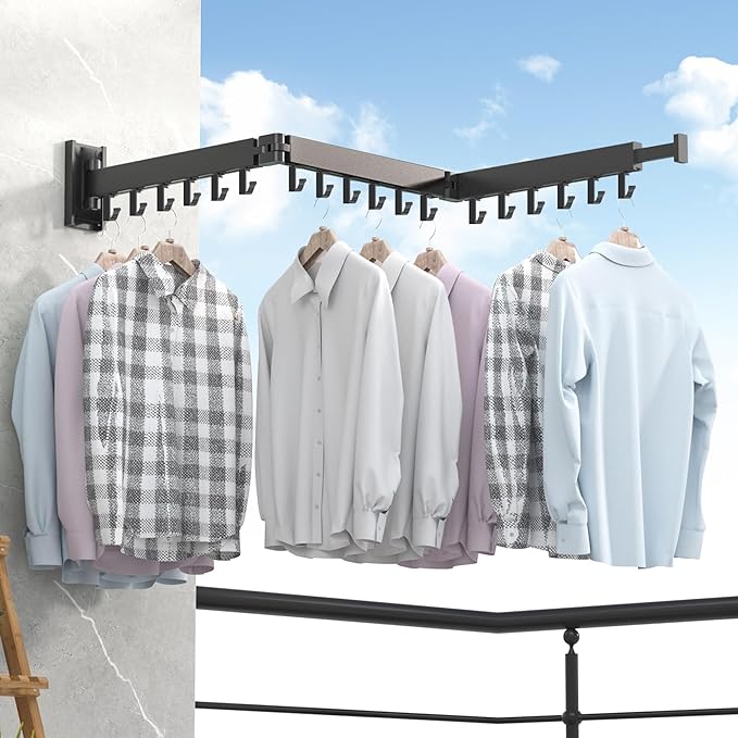 Clothes Drying Rack Wall Mounted,Laundry Rack Wall Wount,Drying Rack Clothing for Laundry,Retractable Dryer Racks,Wall Mounted Drying Rack Collapsible, Black, Sandy Coating,3z-b01