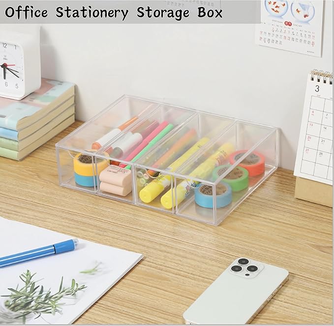 KNC Acrylic Eye Glass Storage Organizer Box with 4 Clear Divided Drawers for Sunglasses Stackable Cosmetic Jewelry Makeup Tabletop Coffee Pod Display Organizer Holder（Clear