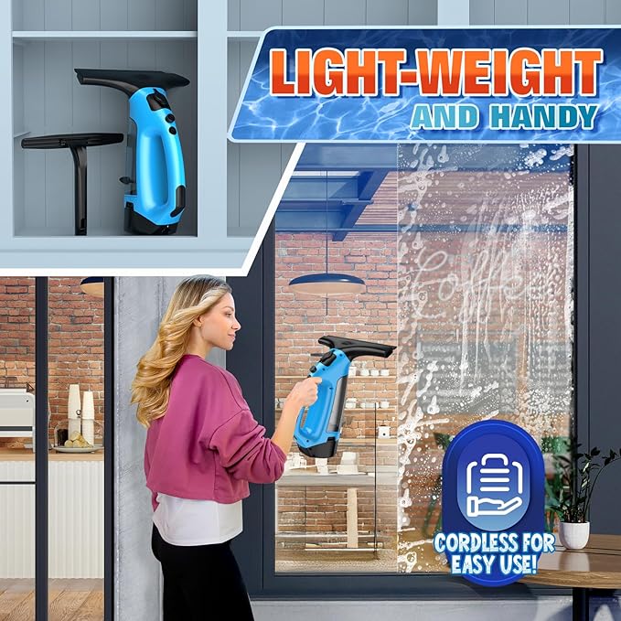 3 in 1 Rechargeable Window Vacuum Squeegee Cordless with 10 Inch Blade, Window Cleaner & Window Cleaning Tool for Spraying, Wiping and Vacuuming Glass, Mirrors, Shower Doors, Tiles and Countertops