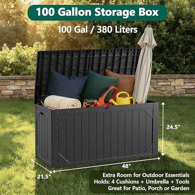 100 Gallon Outdoor Storage Box, Waterproof Resin Deck Box Organizer for Patio Cushion Storage, Lockable Outside Container for Garden Tools