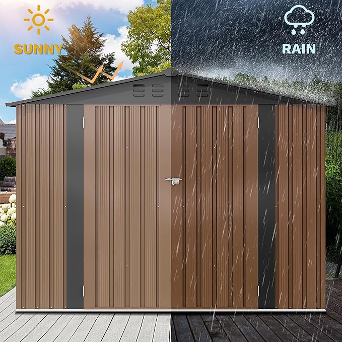 DWVO 8x6FT Outdoor Storage Shelter, Roomy Steel Tool Shed with Secure Entrances & Air Circulation for Patio, Lawn, and Backyard, Ideal for Storing Garden Gear, Lawn Tools, and Bikes, Brown