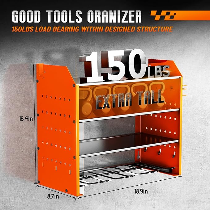 Garage Tool Organizer with 4 Tier,Drill Holder Wall Mount,Heavy Duty Rack with Hooks for Tool Organizers and Storage,Home Gifts Orange