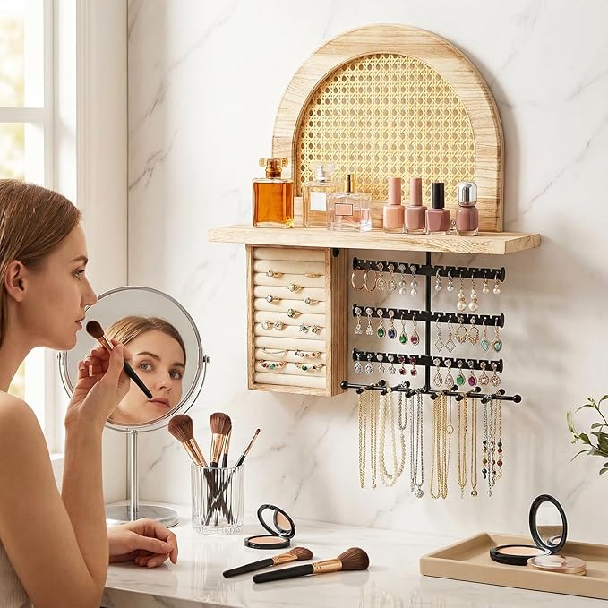 Hanging Jewelry Organizer Wall Mounted with Rustic Wood Rattan Shelf Wooden Ring Display Box Large Boho Jewelry Holder for Necklaces Bracelet Earrings Rings Storage