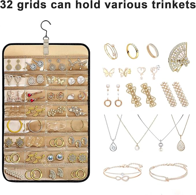 Longzhuo Jewelry Organizer, 2 Sided Necklace Holder, with 360 Degree Rotating Hook, Jewelry Holder for Travel, Earrings, Necklaces, Rings on Closet, Wall, Door, Black (12.99 x 21.65 inches)