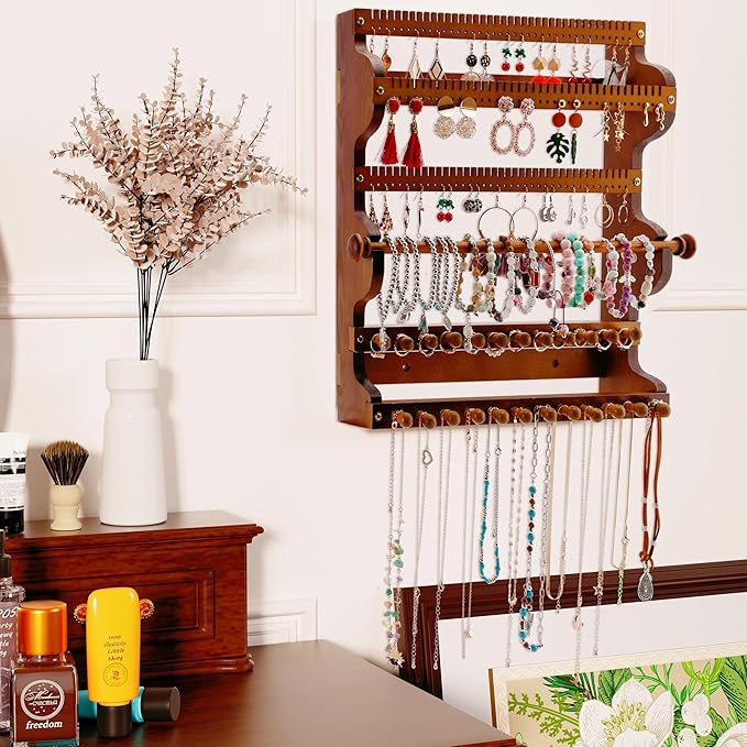 Wall Jewelry Organizer 6-Tier Bracelet Holder Jewelry Organizer Wall-Mounted Wooden Hanging Jewelry holder for Necklace Holder, Ring Display, & Earring Storage for Home or Gift