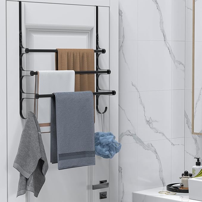 Over The Door Towel Rack, Over Door Towel Rack for Bathroom Door, Triple Towel Storage Holder with Hooks (Matte Black)