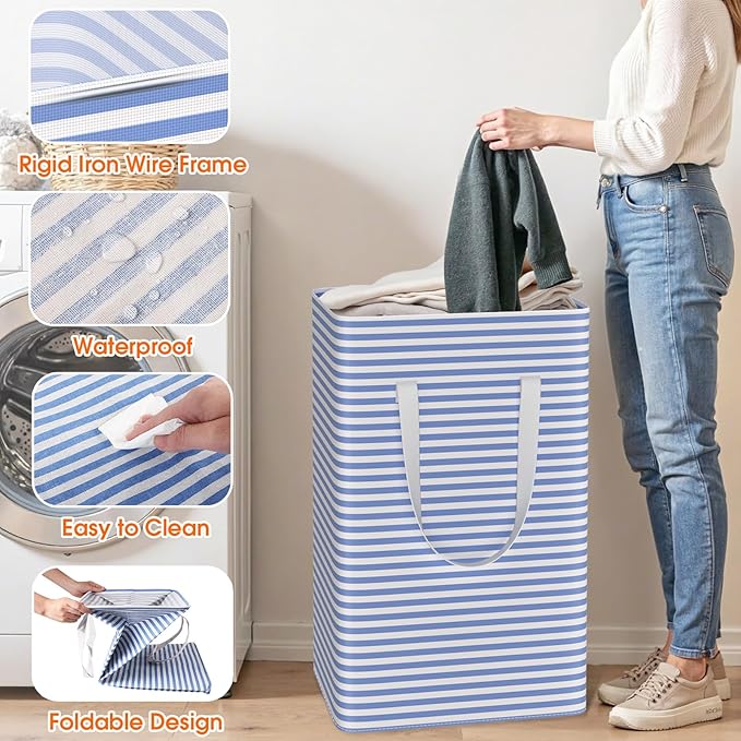 3 Pack Large Laundry Basket,Waterproof & Freestanding Laundry Hamper,Collapsible Clothes Hampers with Easy Carry Long & Reinforced Handles in Bathroom,College Dorm(75Lx3,Blue)