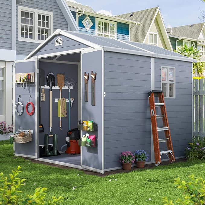 Aoxun 6x8 FT Outdoor Storage Shed, Plastic Garden Resin Shed with Floor and Window for Patio, Lawn, Outdoor Storage with Lockable Door for Bike, Garbage Can, Tools, Grey