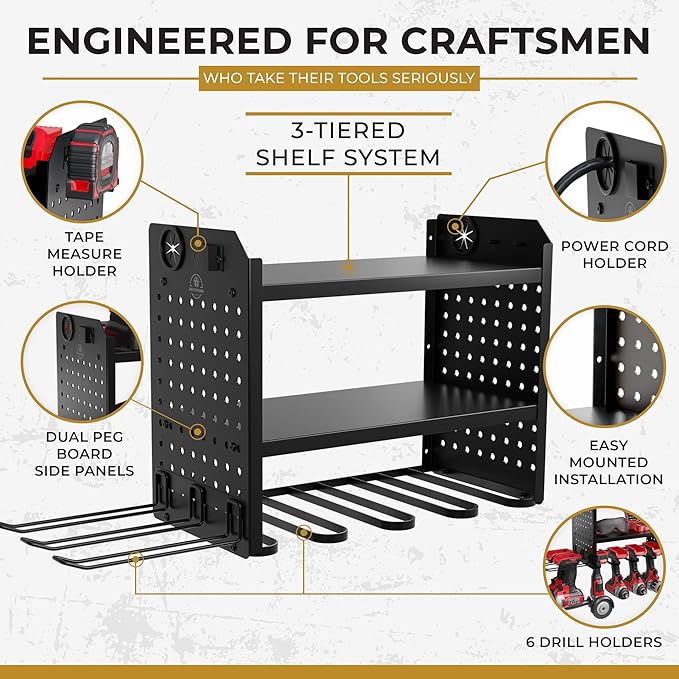 Power Tool Organizer-6 Drill Holder Wall Mount, 3 Tier Heavy-Duty Hand Tool Storage Rack, Utility Racks, Drill Holder, 2 Pegboard Sides - Garage Storage Cordless Tool Organizer (Black)