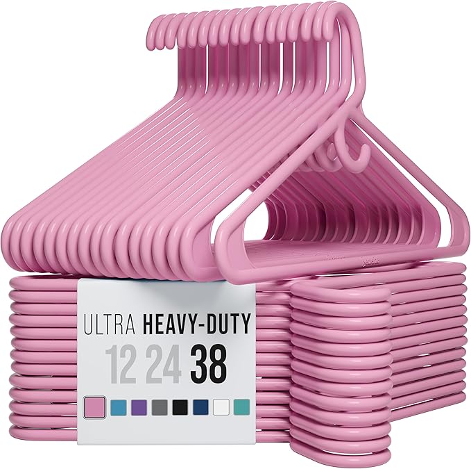 NEATERIZE Ultra Heavy Duty Plastic Clothes Hangers - Pink - Durable Coat, Suit and Clothes Hanger. Perchas De Ropa (38 Pack - Pink)