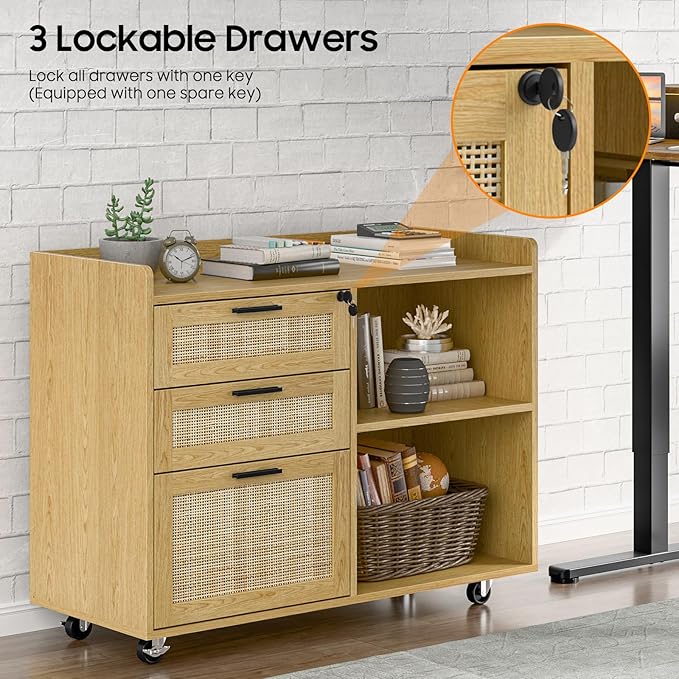 Rattan File Cabinets, 3 Drawer Lateral Filing Organization Storage Cabinets with Lock, Rolling Printer Stand Home Office Organizer for Hanging Files Letter/Legal/A4 Size, Oak
