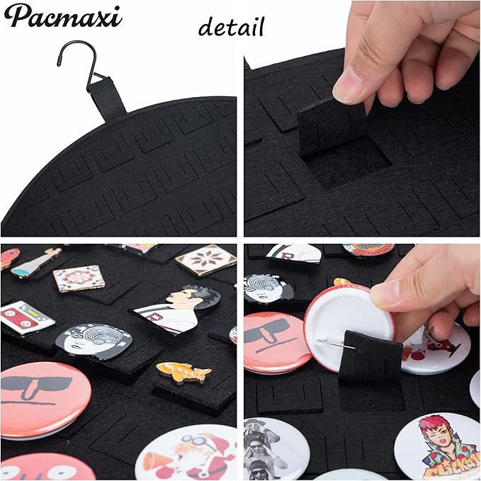 PACMAXI Hanging Brooch Pin Display Holder, Wall Pin Collection Storage Organizer, Cute Pin Banner Case Hold Up to 76 Pins.(Pins not Included) (Black)