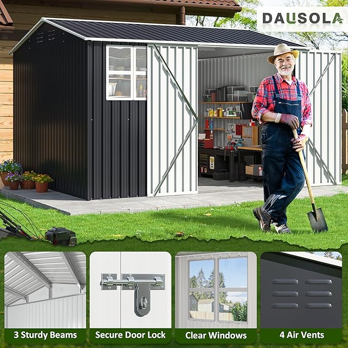 10x10 FT Outdoor Storage Shed, Metal Garden Tool Shed with Updated Frame Structure, Lockable Doors and Windows, Ideal for Backyard Garden Patio Lawn, Grey