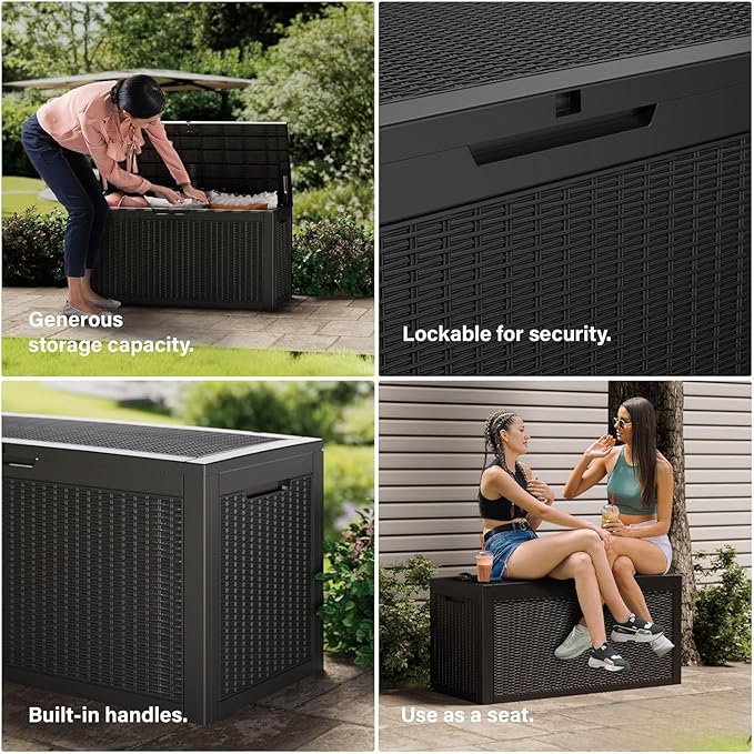 Outdoor Storage Box, 200 Gallon Resin Deck Box Waterproof for Patio Furniture, Garden Tools and Pool Accessories, Lockable UV-Resistant Storage Bin Bench Cabinet for Outside, Black