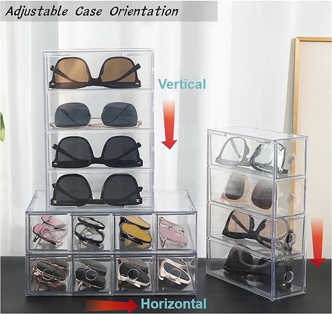 KNC Acrylic Eye Glass Storage Organizer Box with 4 Clear Divided Drawers for Sunglasses Stackable Cosmetic Jewelry Makeup Tabletop Coffee Pod Display Organizer Holder（Clear