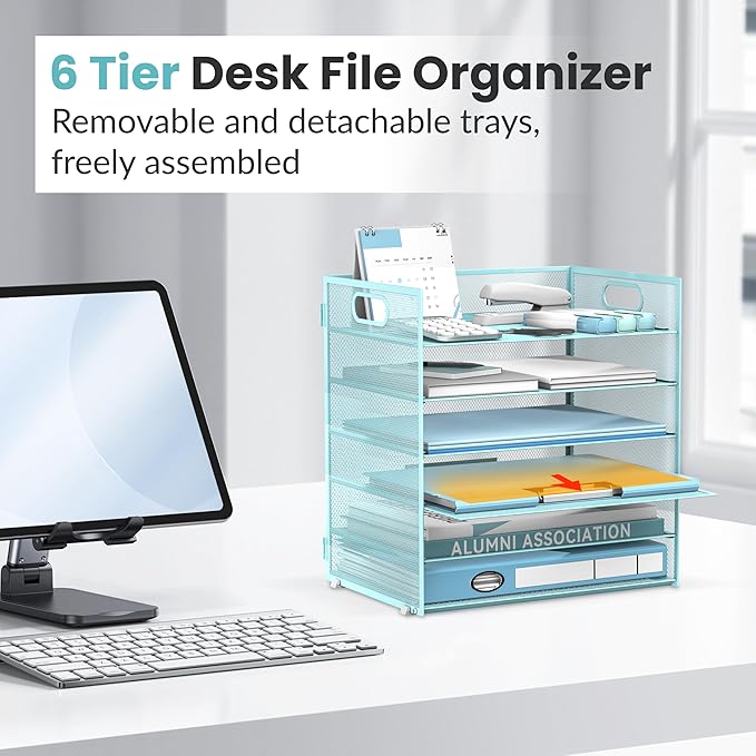 Daltack 6 Tier Paper Organizer for Desk, Paper Letter Tray Organizer for Desks, Mesh Desk File Organizers with Handle for Office, Home, School, Blue