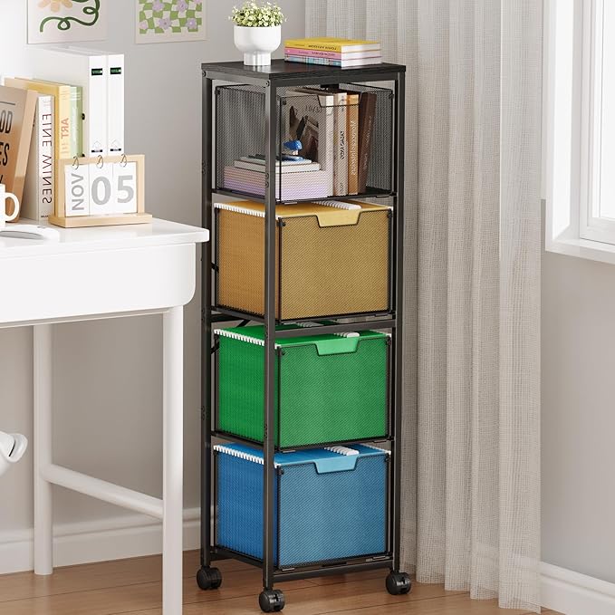 4 Drawers File Cabinet, Vertical Filing Cabinets, Rolling File Cart, Hanging File Folder Organizer with Wheels, Mobile Printer Stand Utility Craft Cart for Home Office,Black