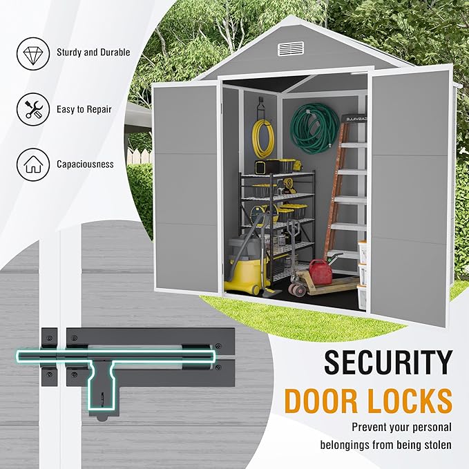 6x5 FT Resin Storage Shed,Garden House with Floor & Lockable Door,Waterproof Plastic Tool Sheds W/Slanting Roof Visual Window & Air Vents for Bicycles,Lawnmowers,Lawn,All Weather Use,Gray