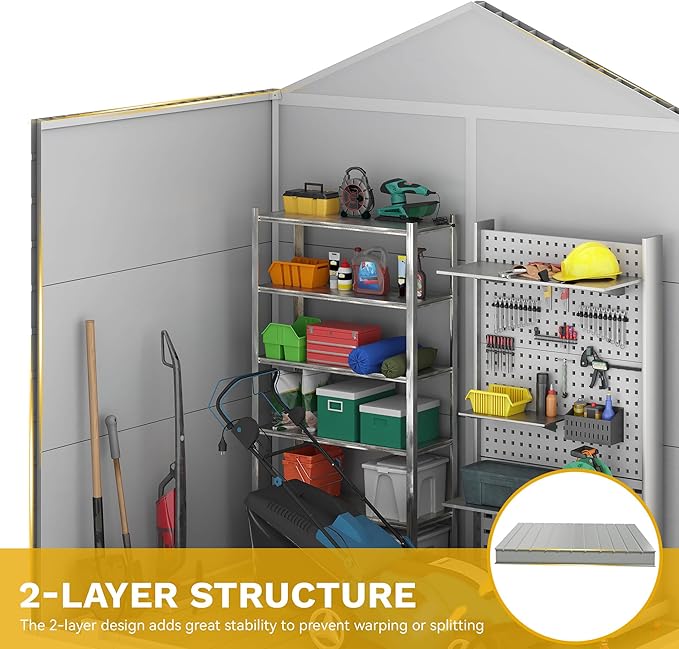 DWVO 6x4.4 FT Outdoor Storage Shed, Plastic Garden Tool Shed with 2 Windows, Double-Wall Outside Shed for Lawn Mower, Garden Tool for Backyard Patio, Lockable, Greige&Gray