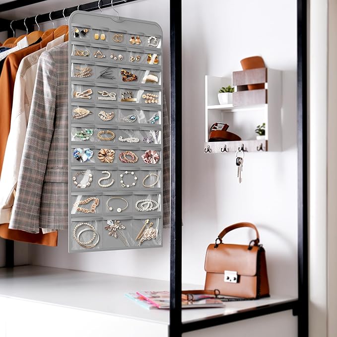 Simple Houseware 2-Pack Hanging Jewelry Storage Organizer, 80-Pocket with 5 Sizes for All Types of Accessories, Gray
